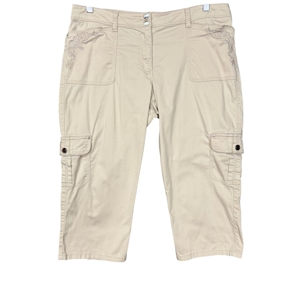WHBM Pants Womens 8 Beige Stone Embroidered Cargo Crop Leg‎ Capri Stretch - Picture 1 of 13
